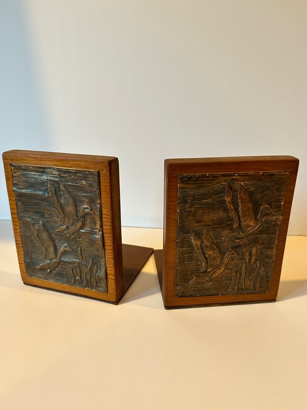 Vintage MCM Copper Embossed Plaque Flying Goose/Duck Art on Wood Bookends